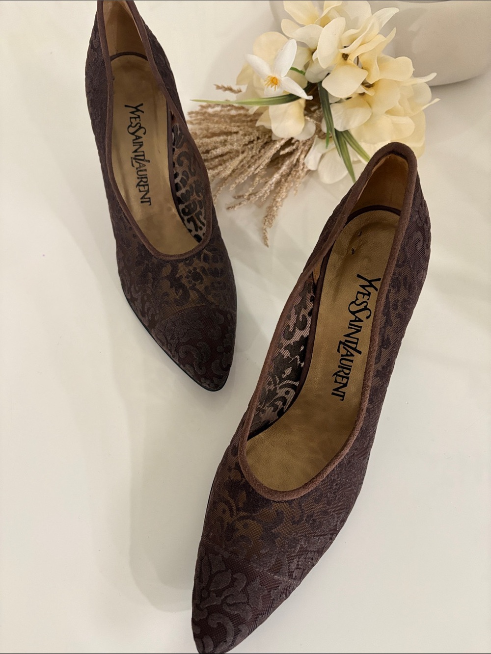 Authentic Yves Saint Laurent Brown Jacquard Pointed-Toe Heels